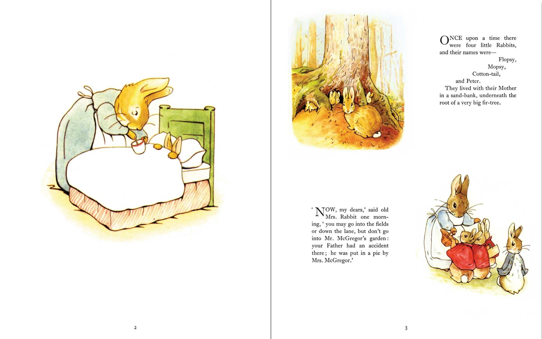 Open children's book spread showing illustrated bunny scenes: a rabbit in bed on the left page and a bunny family scene with text on the right page.