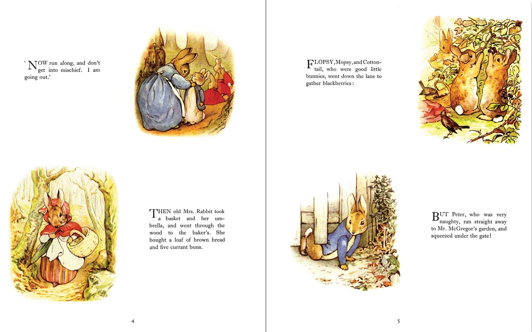 A two-page spread from a classic children's book featuring illustrated rabbit characters and short text. The pages show vintage-style drawings of rabbits in a woodland setting, with one rabbit in red overalls and another in a basket, on a cream background.