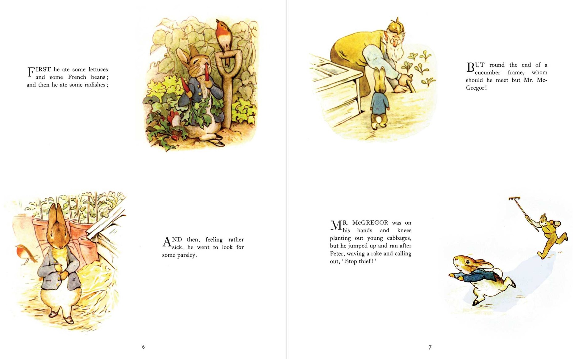 Two printed book pages with vintage-style illustrations and text, showing a rabbit, a bird, a farmer, and a child in a whimsical story scene.