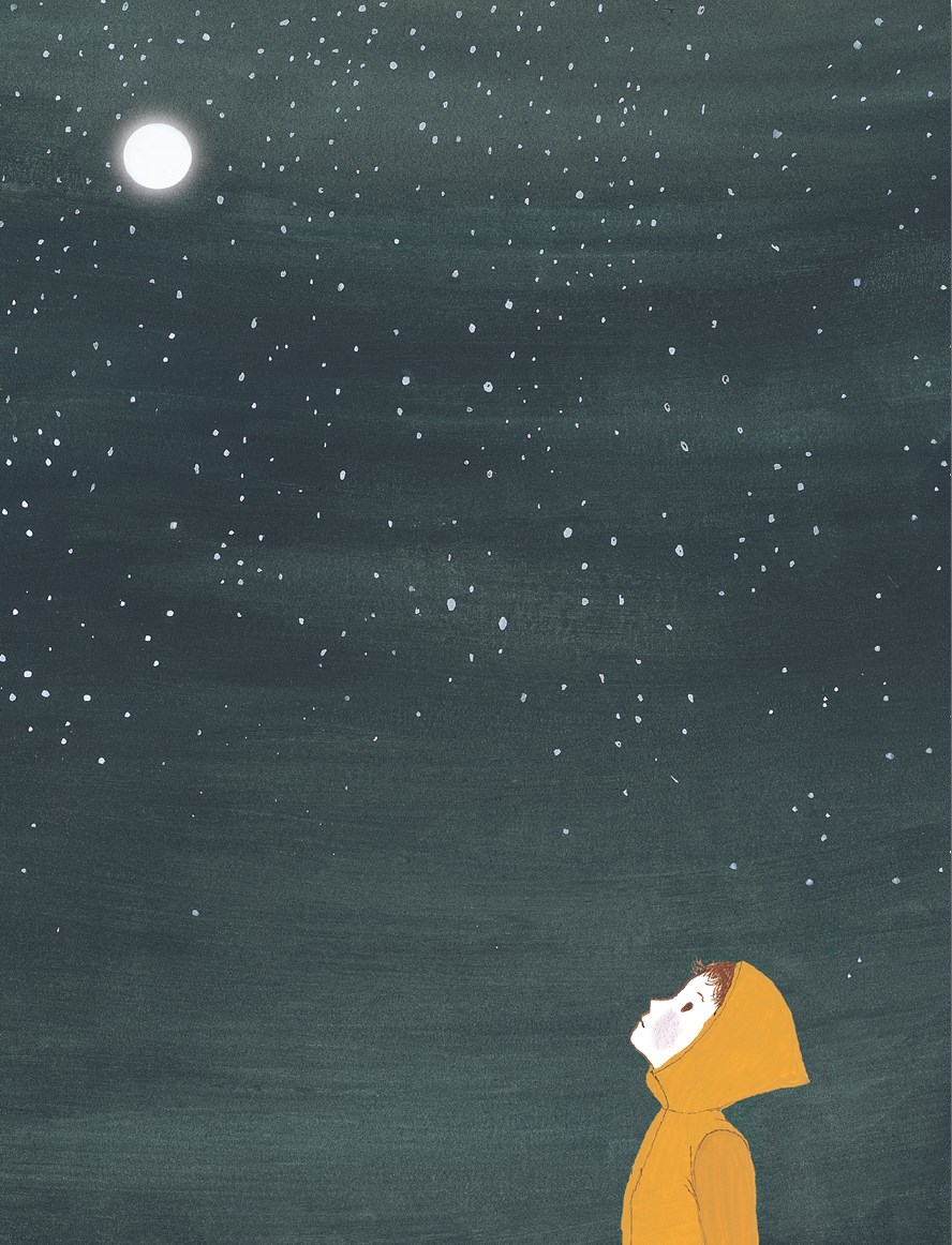 An illustration of a person in a yellow hooded jacket looking up at a bright moon and scattered stars in a dark night sky.