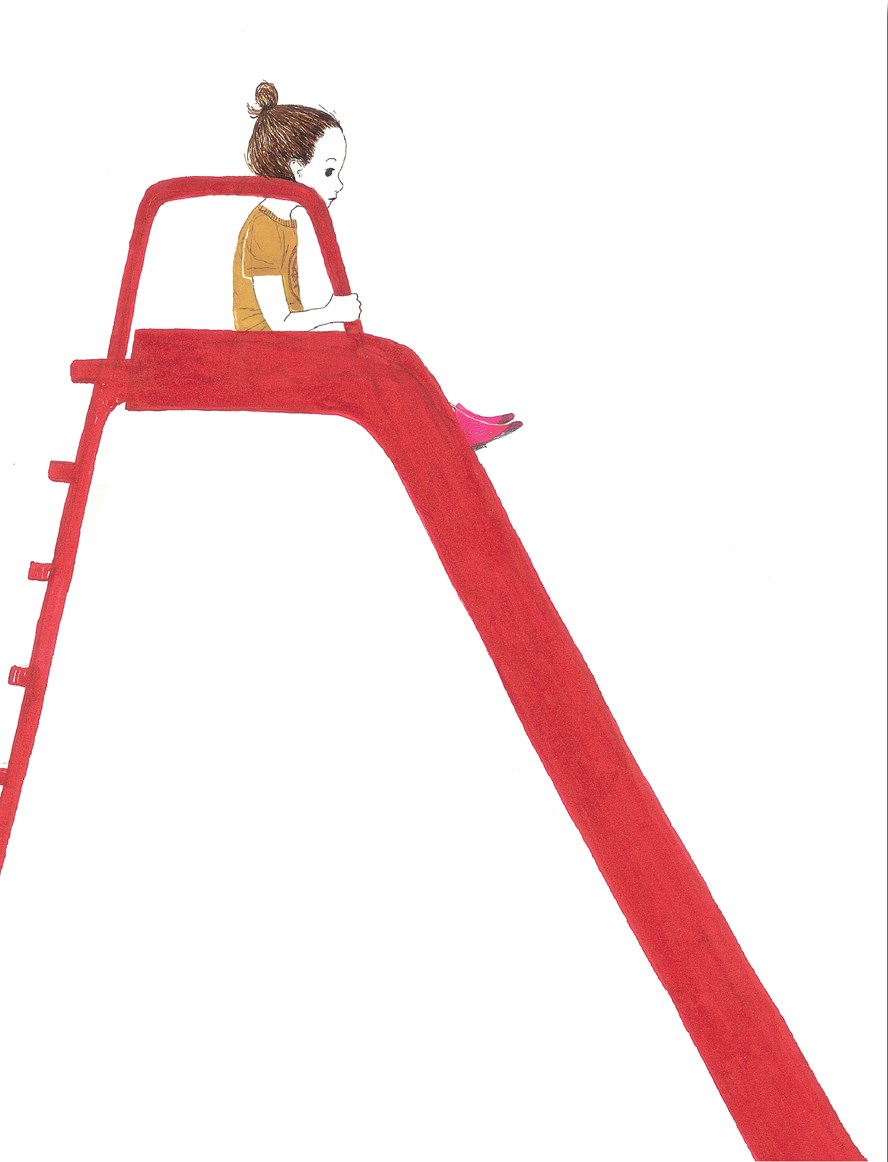 A minimalist illustration of a child sitting at the top of a very tall red slide on a plain white background.