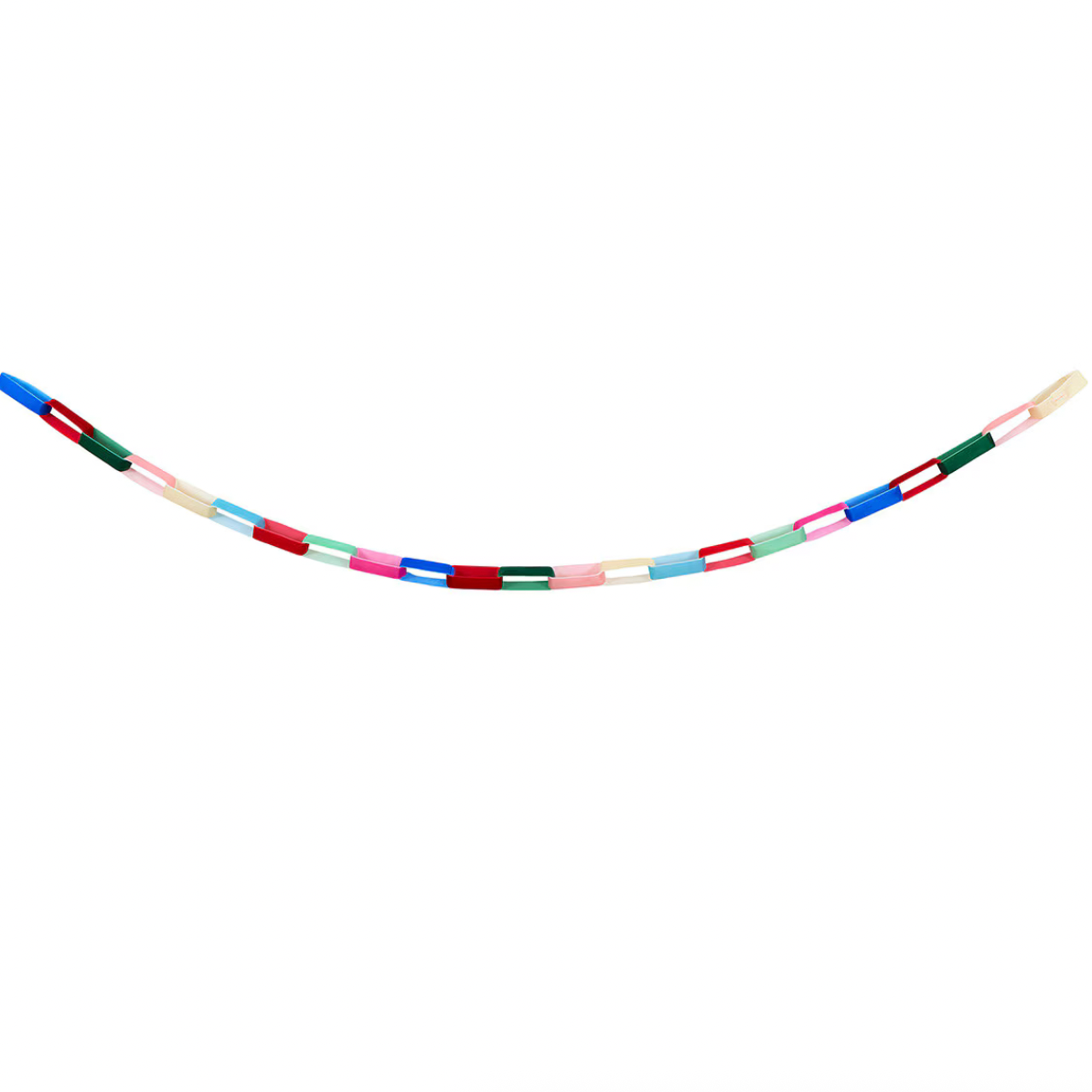 A colorful plastic chain link garland with alternating links in blue, red, green, pink, and beige, shown curved against a plain white background.