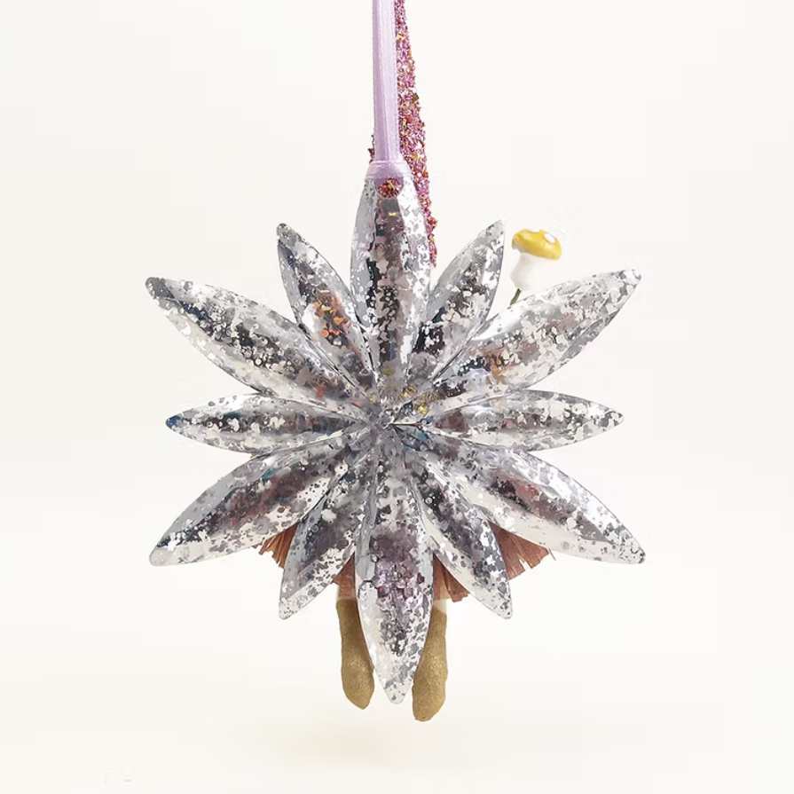 A silver glitter star-shaped Christmas ornament with a hanging ribbon, shown against a plain white background.