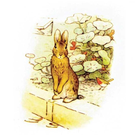 A vintage-style watercolor illustration of a brown rabbit sitting on a wooden ledge in front of green leafy plants, with a small red bird nearby on a white background.