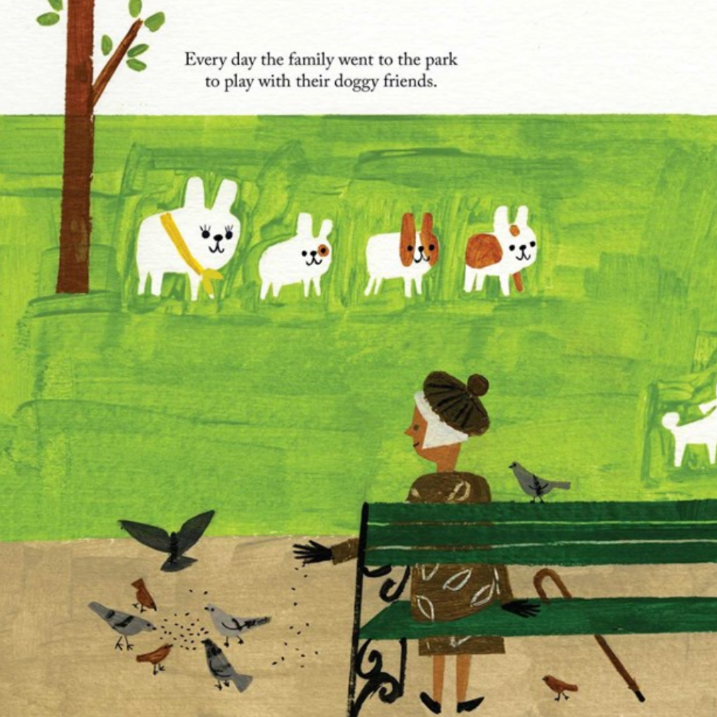 A children's book illustration showing a family in a park with several dogs on a grassy hill, a woman sitting on a bench feeding pigeons, and a tree on the left. The text at the top reads, 'Every day the family went to the park to play with their doggy friends.