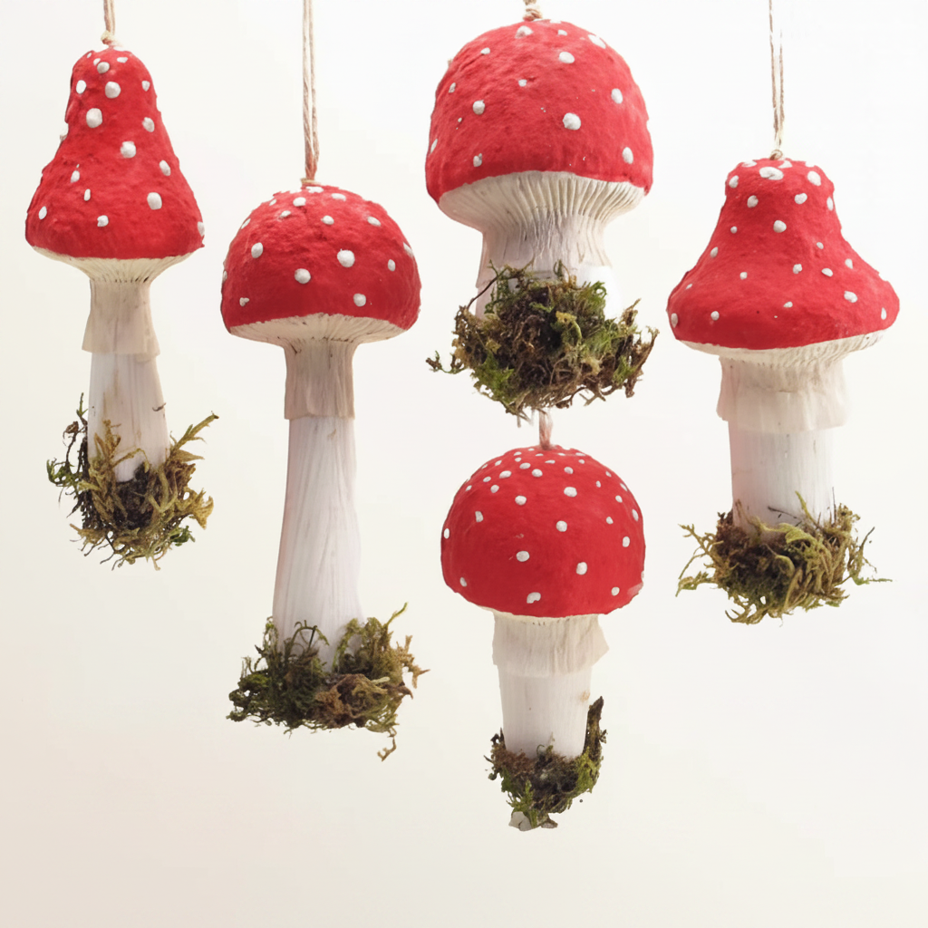 Six red and white spotted mushroom ornaments with white stems and green moss accents, hanging against a plain white background.
