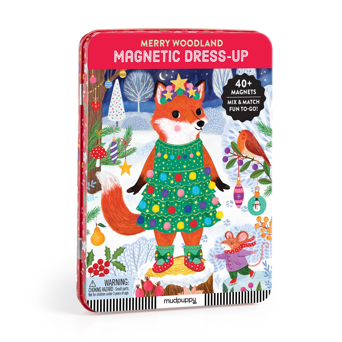 Merry Woodland magnetic dress-up toy packaging with a fox character on a white background