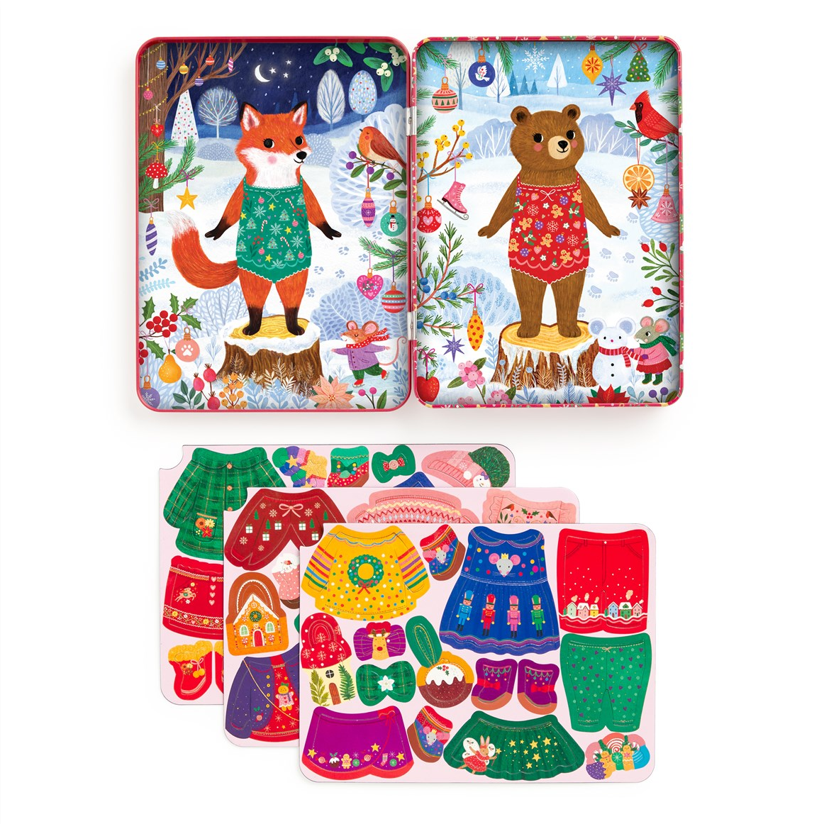 A children's holiday-themed sticker set featuring two illustrated tin-style frames at the top with a fox and a bear in winter clothing, and multiple colorful sticker sheets below with sweaters, hats, boots, and small holiday accessories on a white background.
