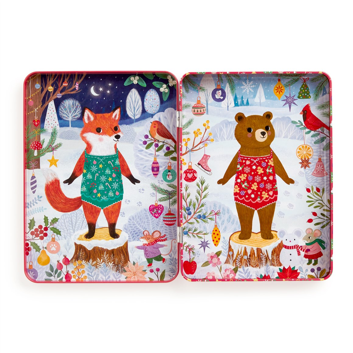 A pair of decorative metal gift boxes with illustrated winter scenes, one showing an orange fox in a green patterned sweater and the other showing a brown bear in a red patterned sweater, set against a plain white background.