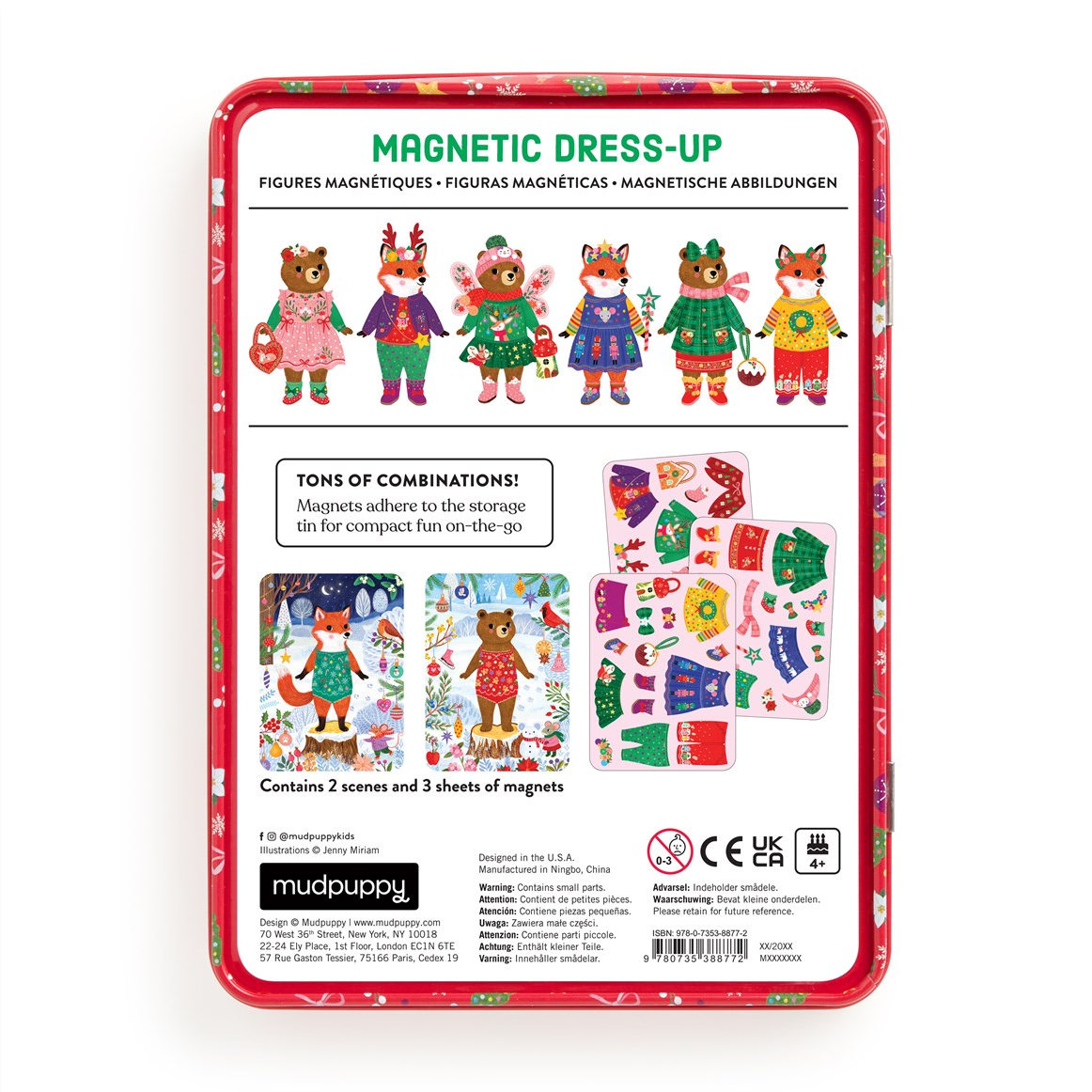 The back of a red metal storage tin for a 'Magnetic Dress-Up' set by Mudpuppy, featuring illustrations of holiday-themed bear characters and product details.