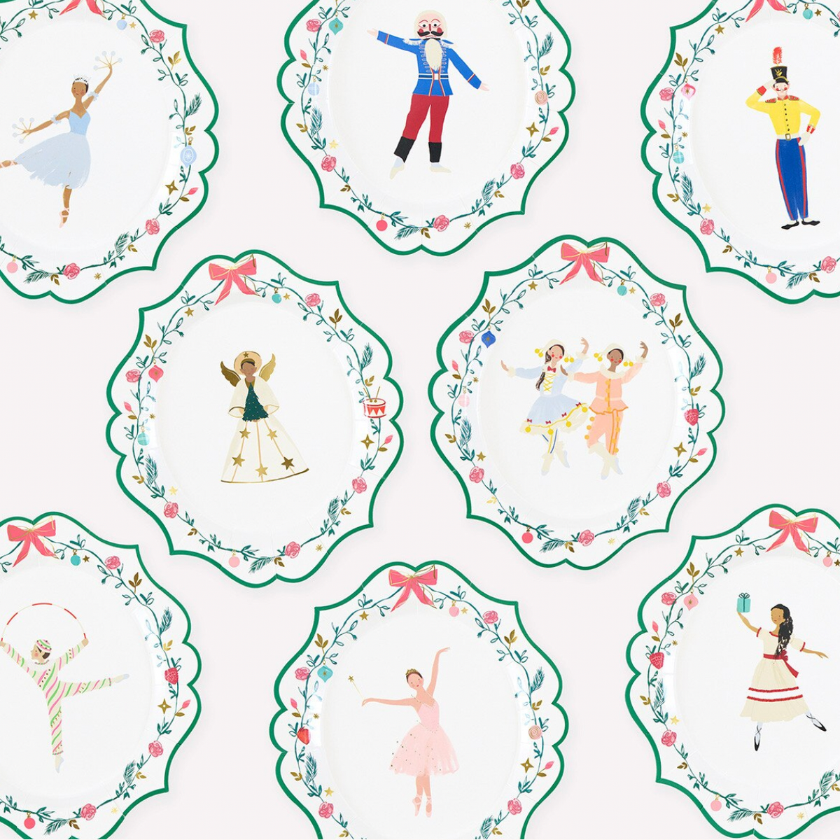A repeating pattern of vintage-style oval medallions on a white background, each containing an illustrated dancer or performer framed by a floral border with pink bows and green leaves.