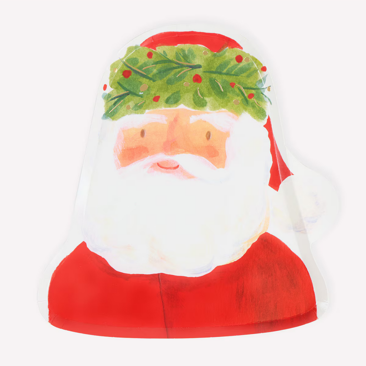 A die-cut plate of Santa Claus's face and upper body, featuring a white beard, red suit, and green holly wreath on a white background.