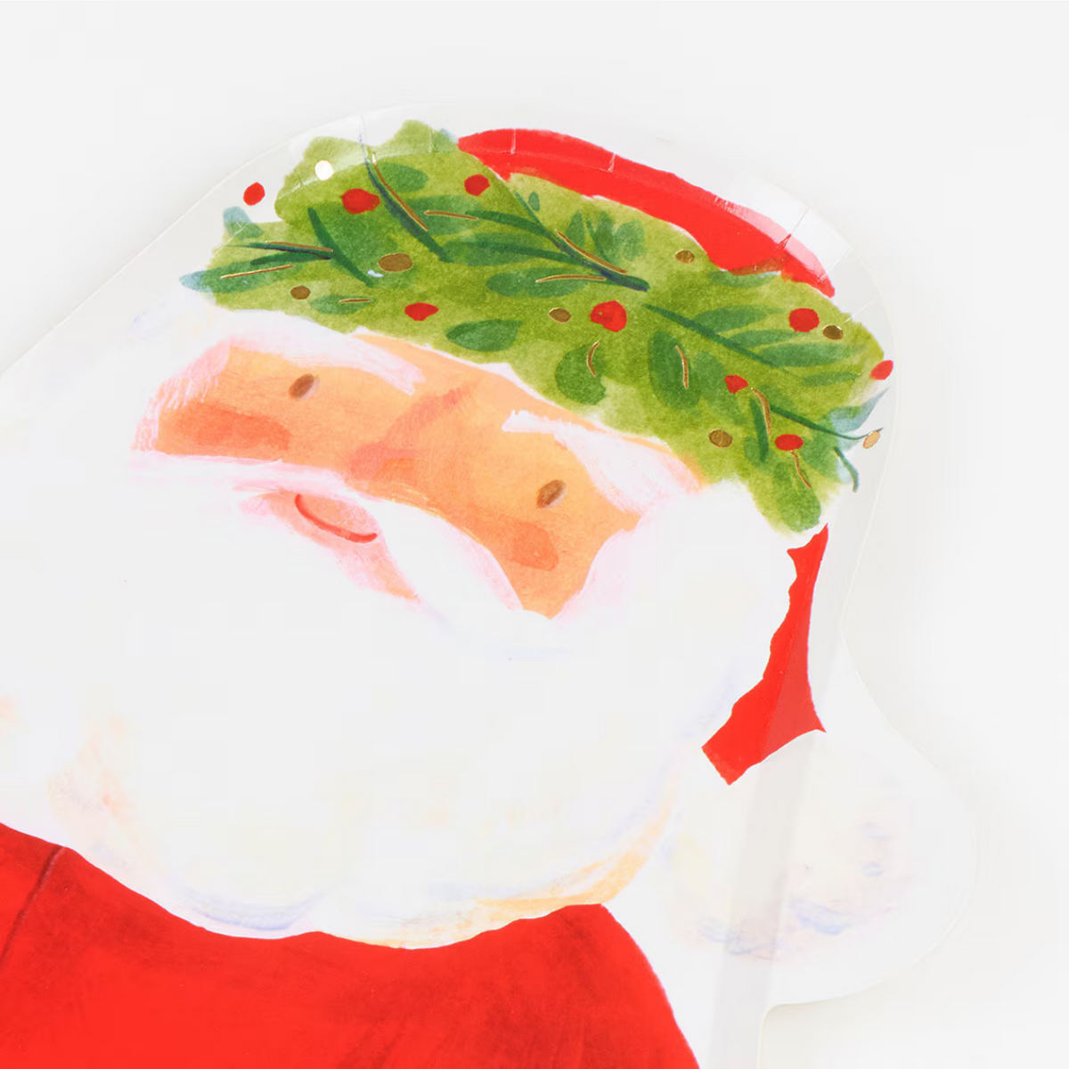 A close-up of a watercolor-style Santa Claus illustration, showing his white beard, red suit, and green hat with red berries on a white background.