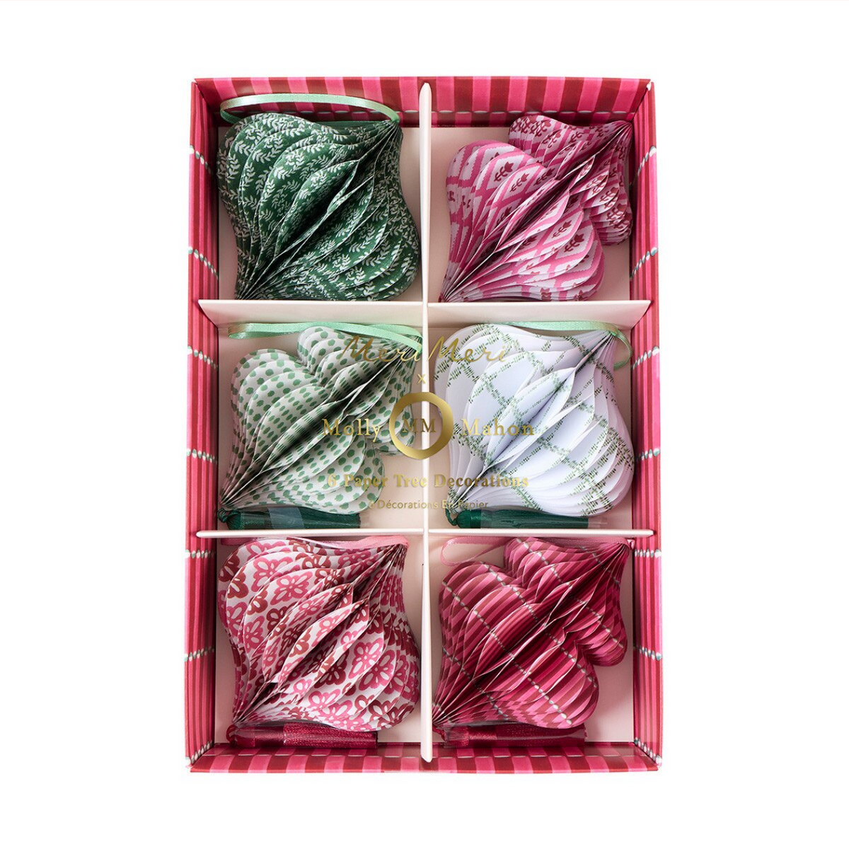 A top-down view of a pink striped gift box divided into six compartments, each holding a folded paper fan or decorative paper product in different color and pattern combinations. The center has a gold circular logo watermark reading 'Happy Paper Fans'.