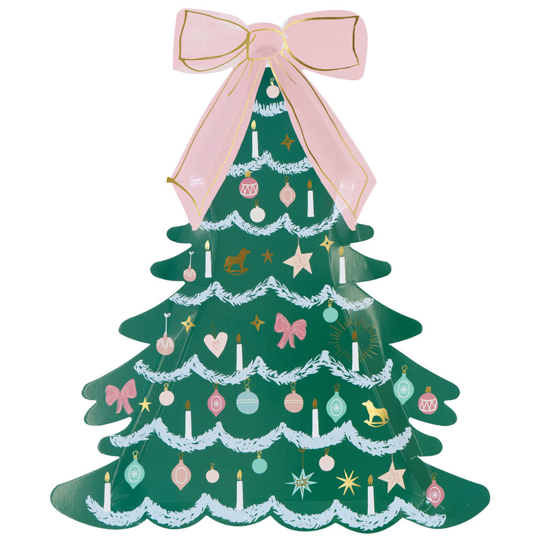 A decorative Christmas tree cutout in dark green with a large pink ribbon bow at the top, decorated with pastel ornaments, white tinsel garlands, candles, stars, and small gold accents, shown on a plain white background.