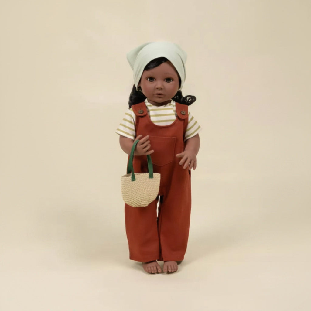A doll dressed in rust-brown overalls over a cream and orange striped shirt, with a pale green bonnet and holding a small woven bag, set against a plain cream background.
