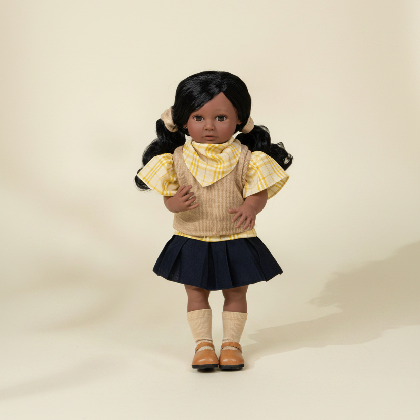 A doll with long black hair styled in pigtails, wearing a yellow and white plaid shirt, a beige linen vest, a navy blue pleated skirt, beige socks, and brown shoes, set against a plain beige background.