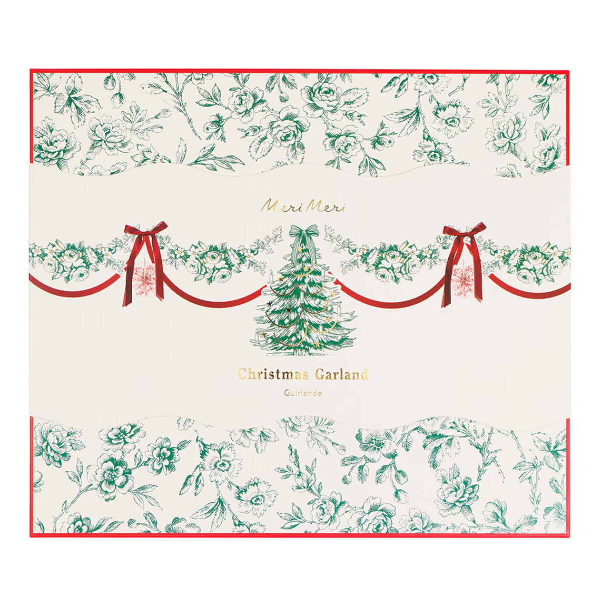 A square Christmas garland card or print with a cream background, green floral toile-style borders at the top and bottom, red ribbon garlands with bows, and a central green Christmas tree. Gold script text reads 'Merry Merry' and 'Christmas Garland' with 'Cincinnati' below.
