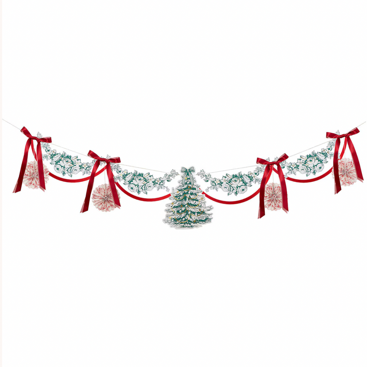 A festive Christmas garland banner featuring a central silver tree ornament, red ribbon bows, snowy green garlands, and pink pinecones, suspended against a plain white background.