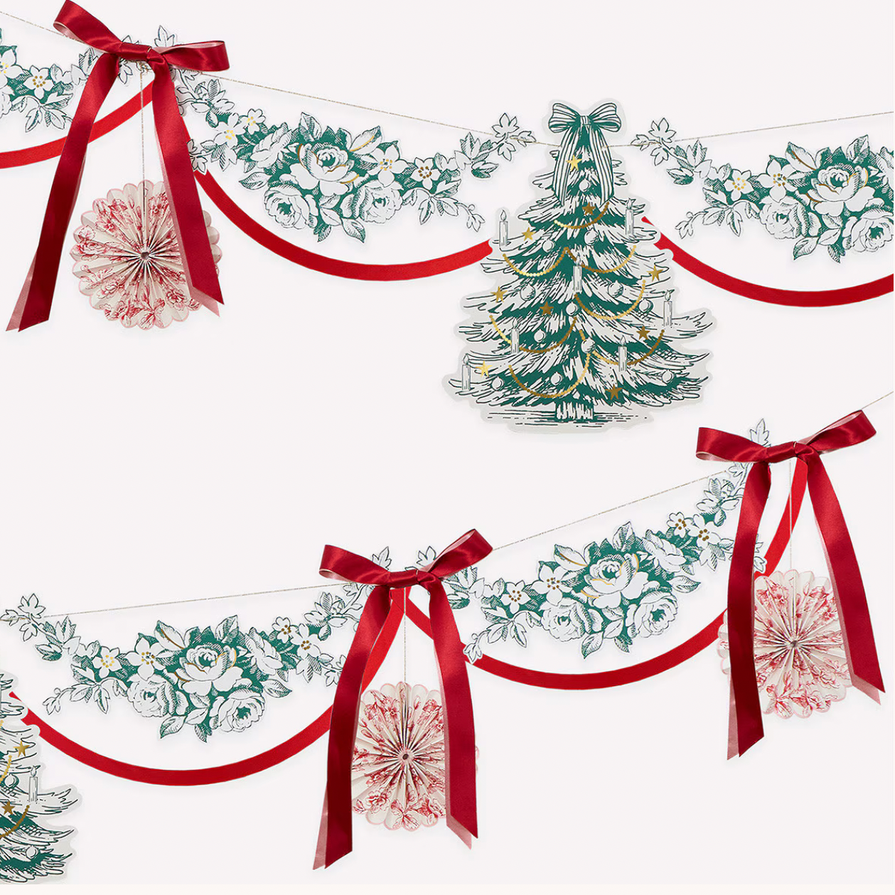 Christmas garland bunting banner decoration set featuring a green tree, floral garlands, red ribbons, and hanging red pom-poms on a white background.