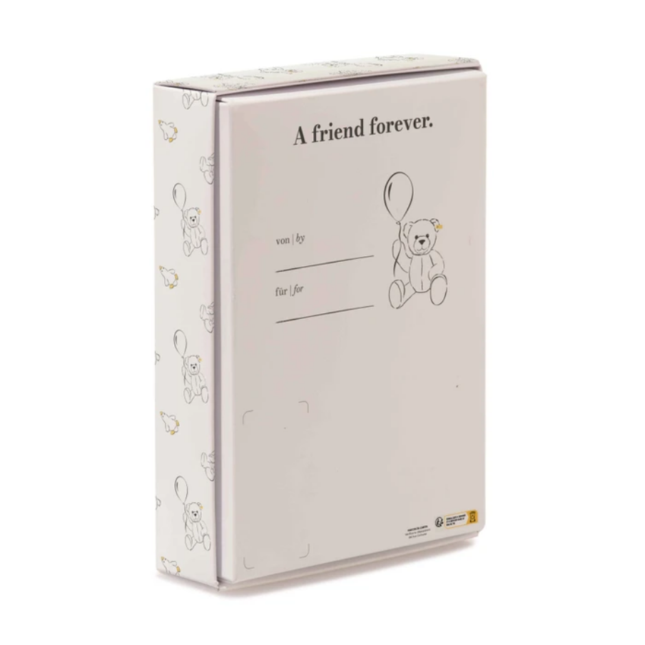 A white rectangular gift box with printed teddy bear illustrations and the text 'A friend forever.' on the front, shown on a light gray background.