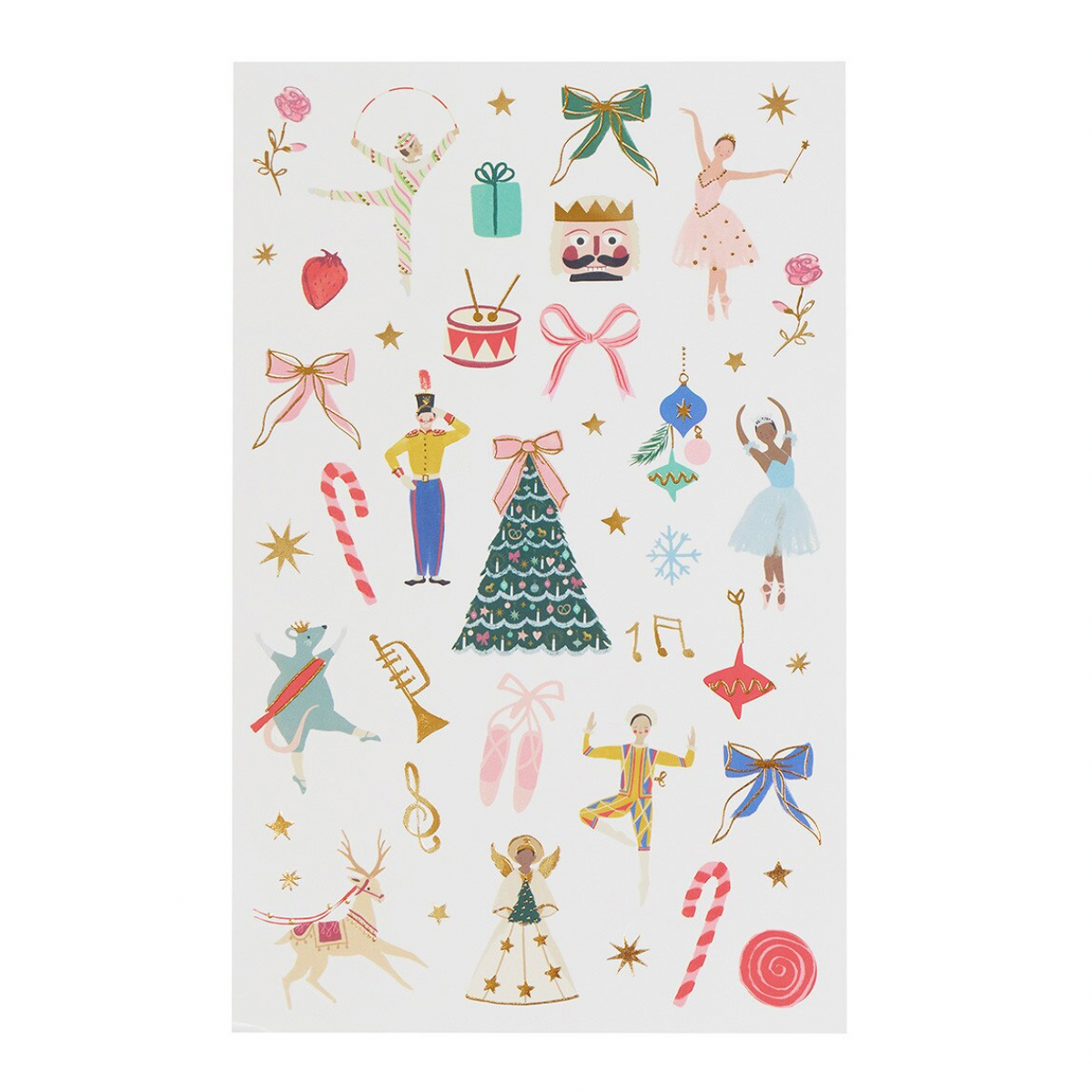 A square art print featuring a whimsical collection of Christmas and ballet-themed illustrations, including a decorated Christmas tree, candy canes, reindeer, angels, and ballerinas, set against a light gray background with a white border.
