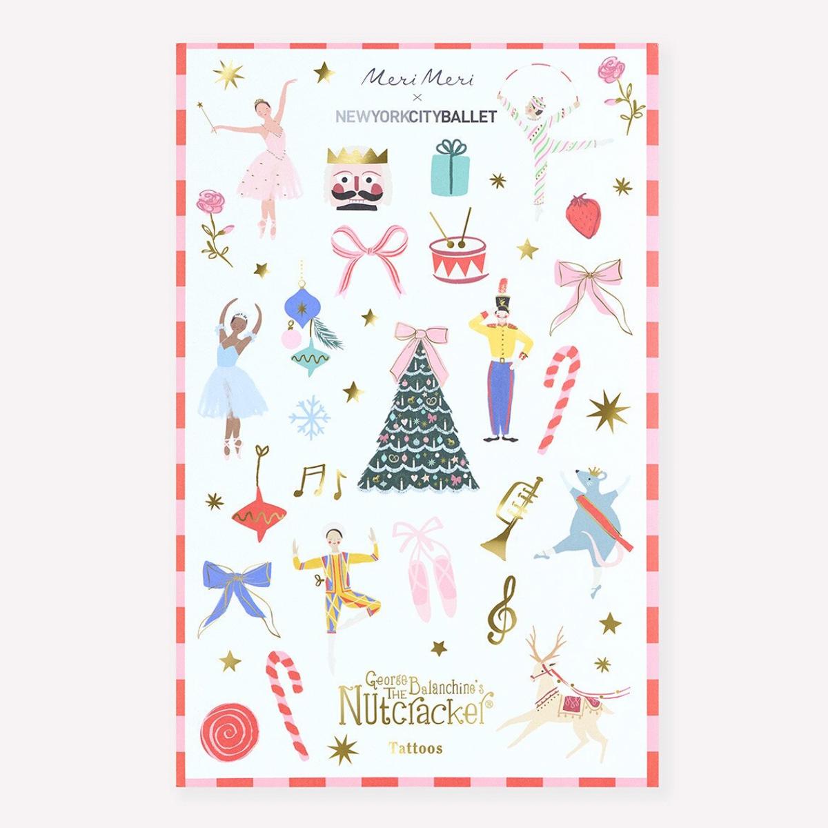 A sheet of New York City Ballet themed 'Meri Mari' and 'Nutcracker' tattoos by Creating Sweet's, featuring various ballet dancers, a nutcracker, a Christmas tree, bows, and musical notes on a white background with a red and white striped border.