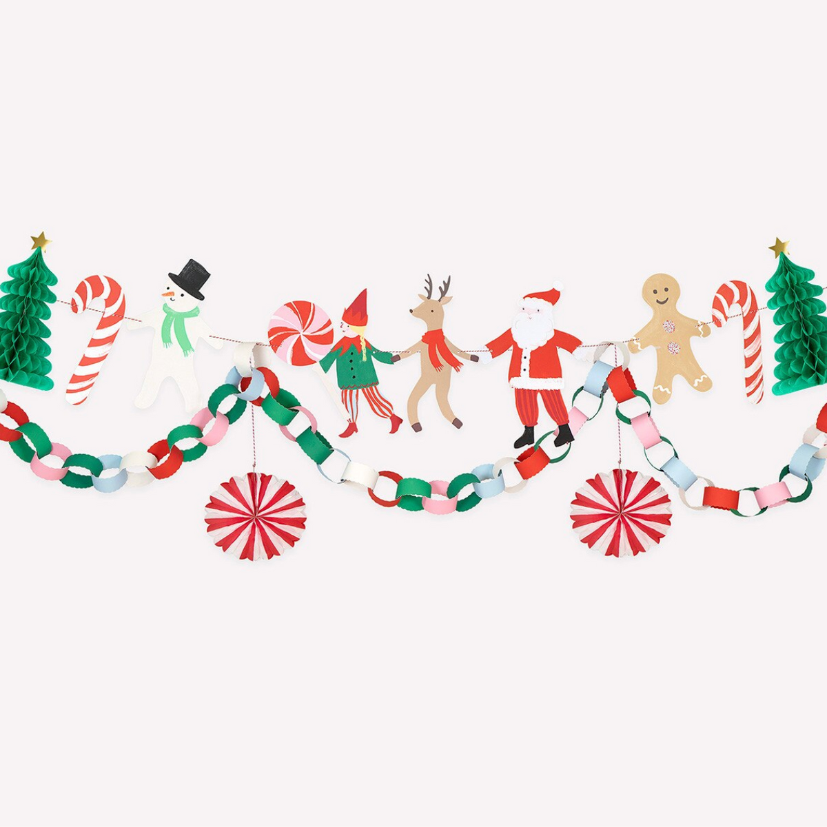 A festive Christmas garland banner featuring paper cutout figures and ornaments including Santa Claus, a reindeer, a snowman, a gingerbread man, candy canes, an elf, and Christmas trees, strung together on a white background.
