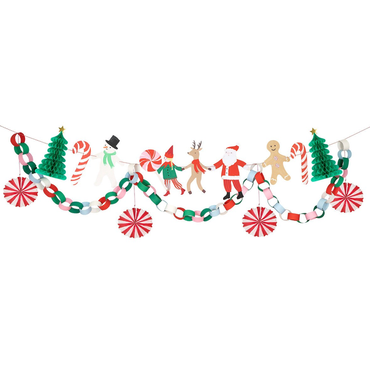 A festive Christmas garland banner featuring paper cutout figures and icons including Santa Claus, a reindeer, a snowman, candy canes, peppermint candies, gingerbread men, and Christmas trees, strung along a white cord against a plain white background.