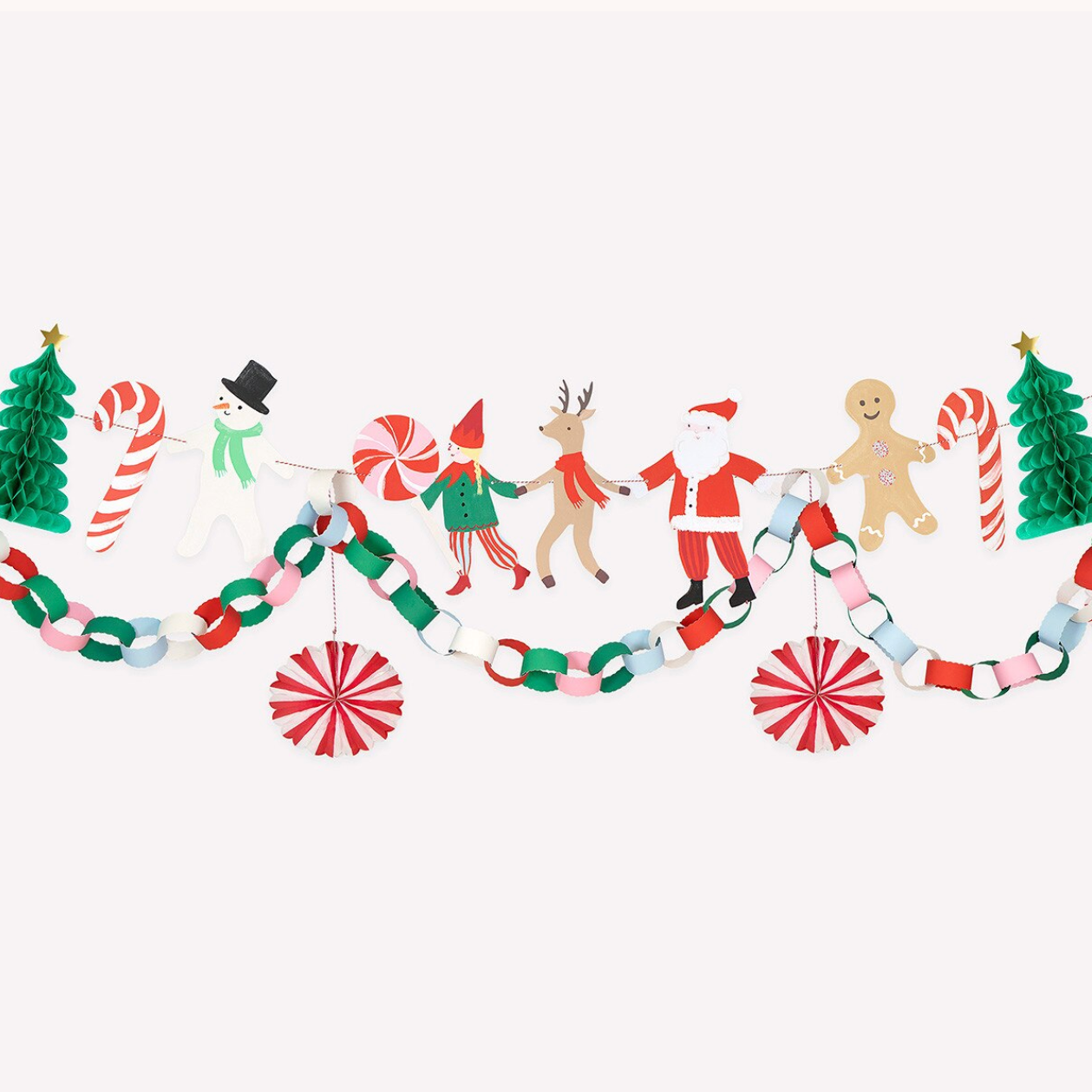 A festive Christmas garland featuring paper cutout-style ornaments including candy canes, snowman, elf, reindeer, Santa Claus, gingerbread figures, and Christmas trees, strung together with a pink-and-white paper chain on a light gray background.