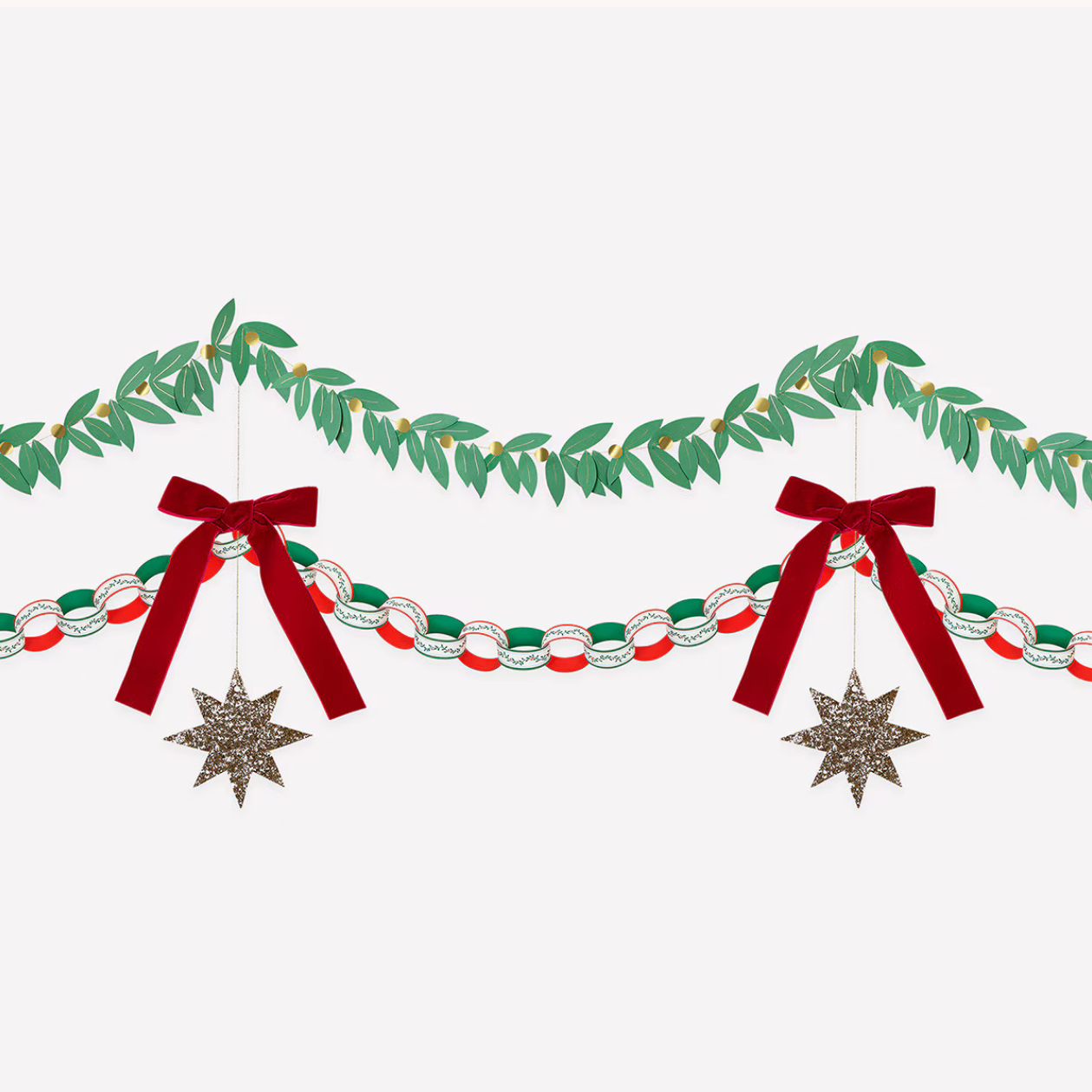 A festive Christmas garland design on a light gray background, featuring green leaf garlands, red ribbon bows, red and green chain links, and hanging silver star ornaments.