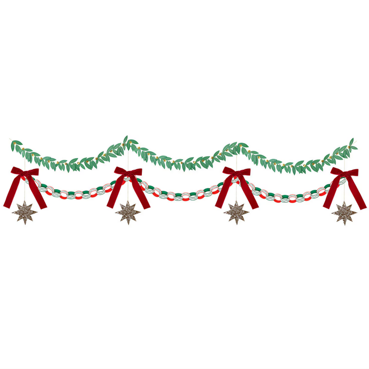 A festive garland decoration design featuring green leafy branches, red ribbon bows, red and white striped beads, and silver star ornaments on a white background.