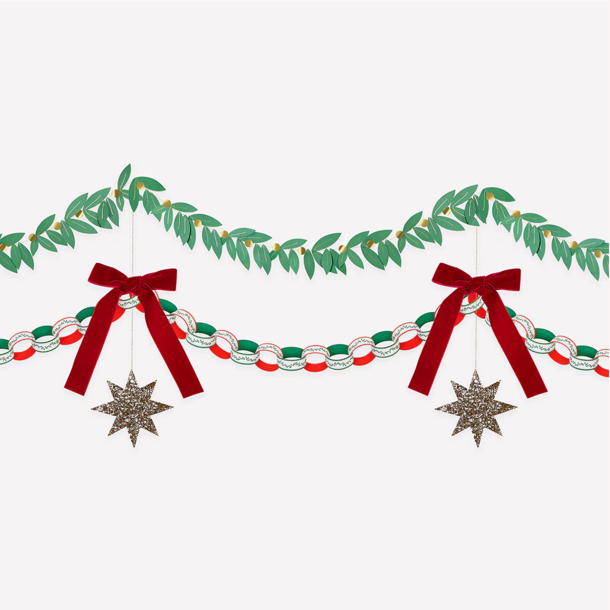Christmas garland decoration featuring a green leafy wreath, red and white chain links, red ribbon bows, and two hanging glittery star ornaments on a light gray background.