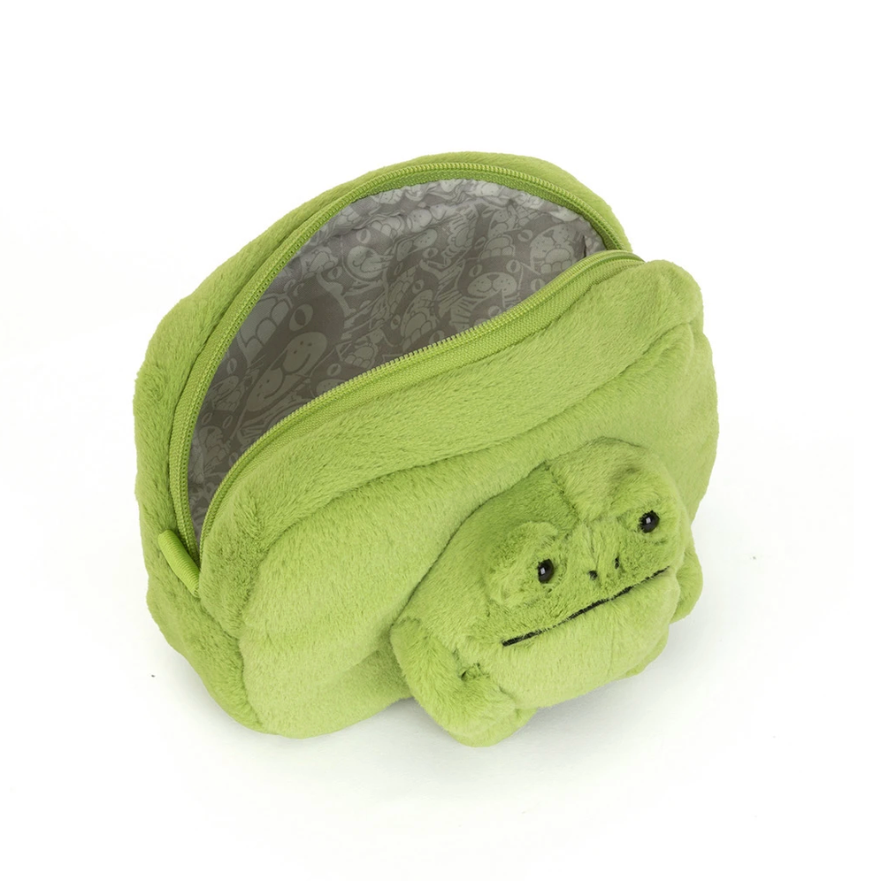 A plush green character pouch with a smiling frog face on the front, shown open on a white background.