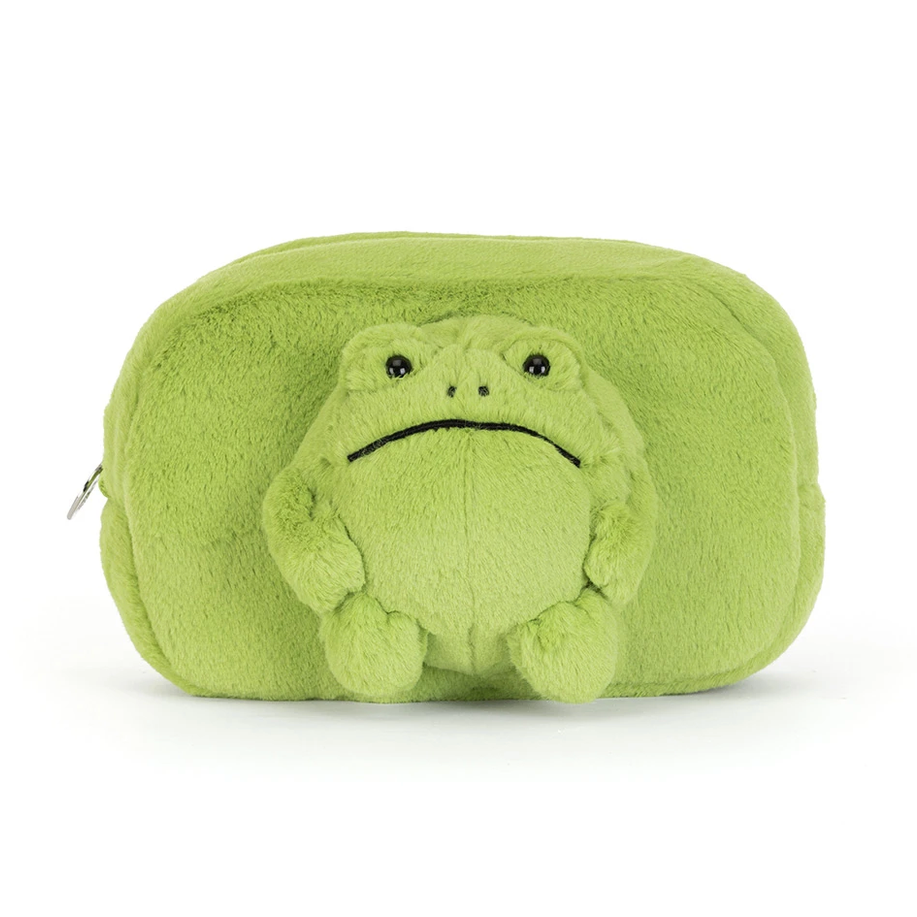 A light green plush pencil case featuring a raised, sad-looking frog face on the front, photographed against a clean white background.