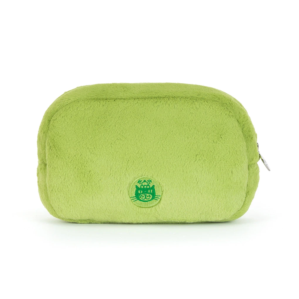 A lime green plush pouch with a small green embroidered cat logo on the front, set against a plain white background.