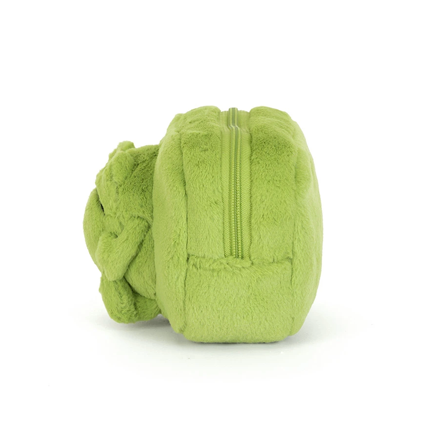 A lime green plush pouch with a zipper closure, photographed from the side against a plain white background.