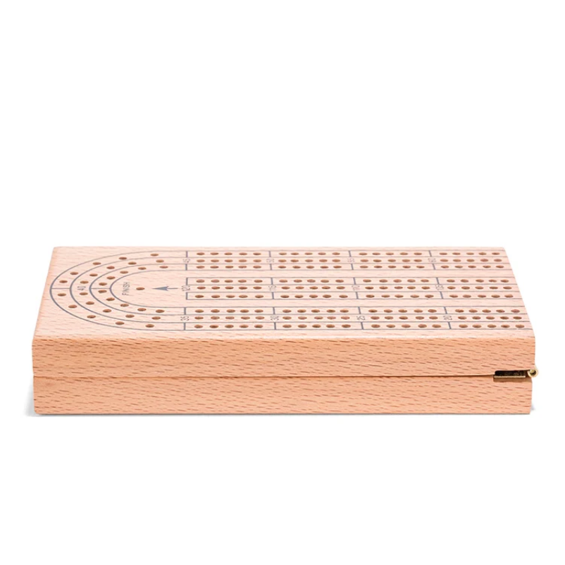 A wooden cribbage game box with an engraved cribbage board design on the lid, shown closed on a plain white background.