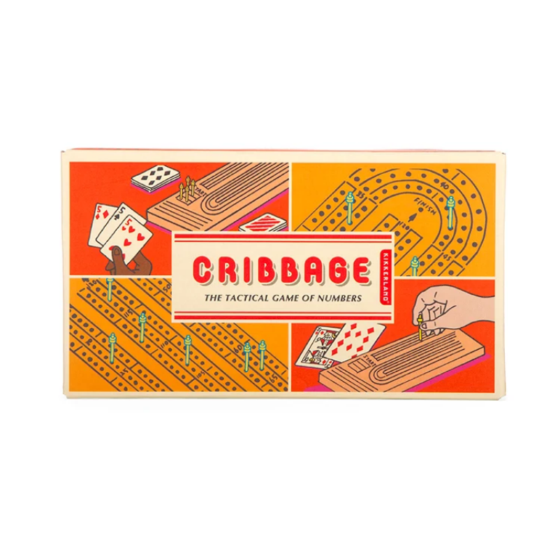 Cribbage board game box with illustrations of gameplay on an orange background