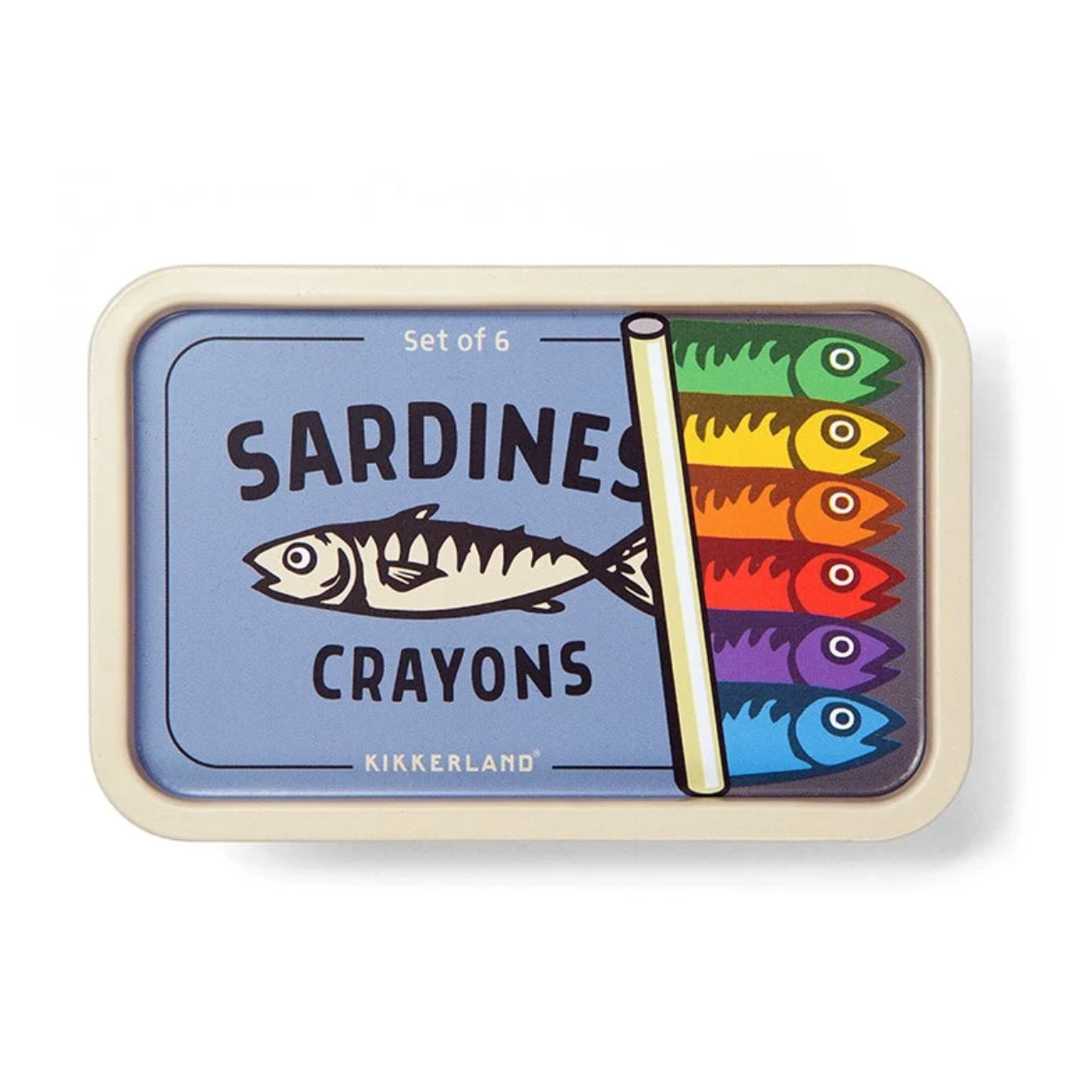 Kikkerland Sardines Crayons tin, featuring a light blue label with a fish illustration and six colorful crayon graphics on the right, set against a white background.