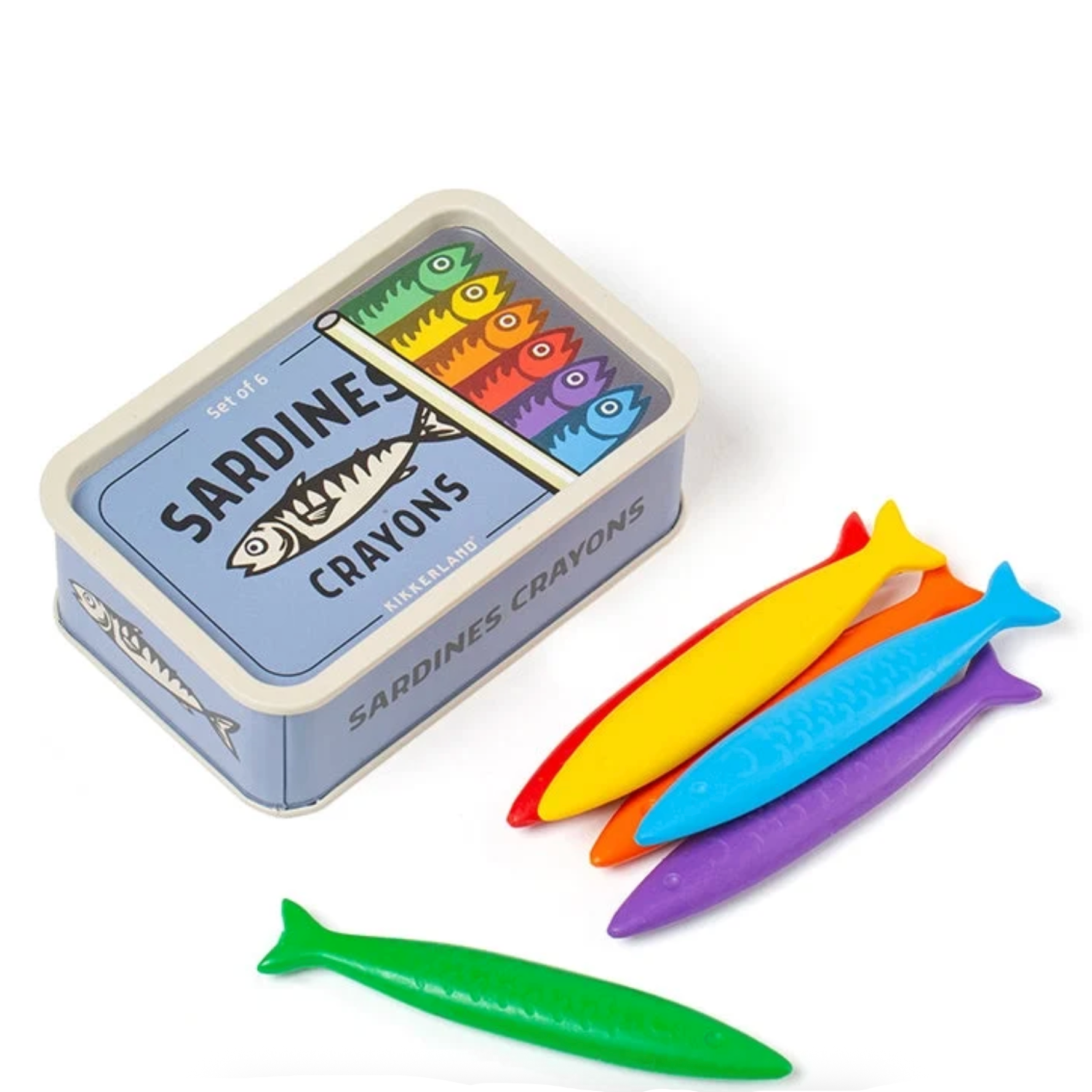 A tin of Sardine Crayons children's toy set with four colorful fish-shaped crayons in red, yellow, purple, and green.