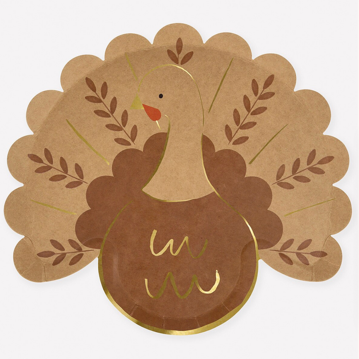 A turkey-shaped paper plate or placemat made from kraft paper, featuring a brown body, gold foil script details, and a beige head and fanned tail with brown leaf motifs.
