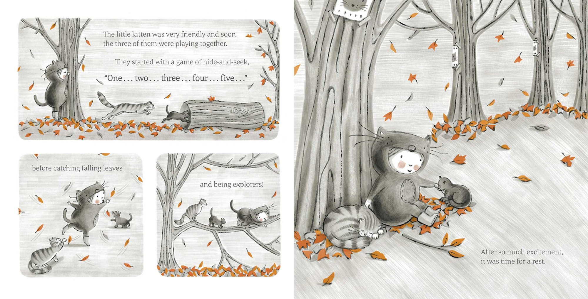 A children's book or art print featuring black-and-white illustrated scenes of a kitten and a rabbit playing in an autumn forest, with printed text panels and scattered orange leaves.