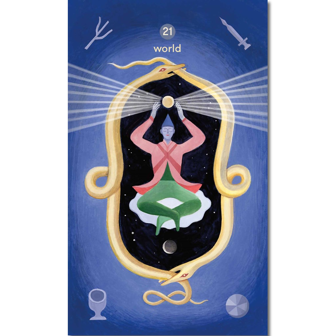 A stylized illustrated card or poster showing a blue background with a central gold-bordered emblem, a pink figure above a green lotus, and the word 'world' near the top. The image is centered on a white page-like background with left and right arrows at the sides.