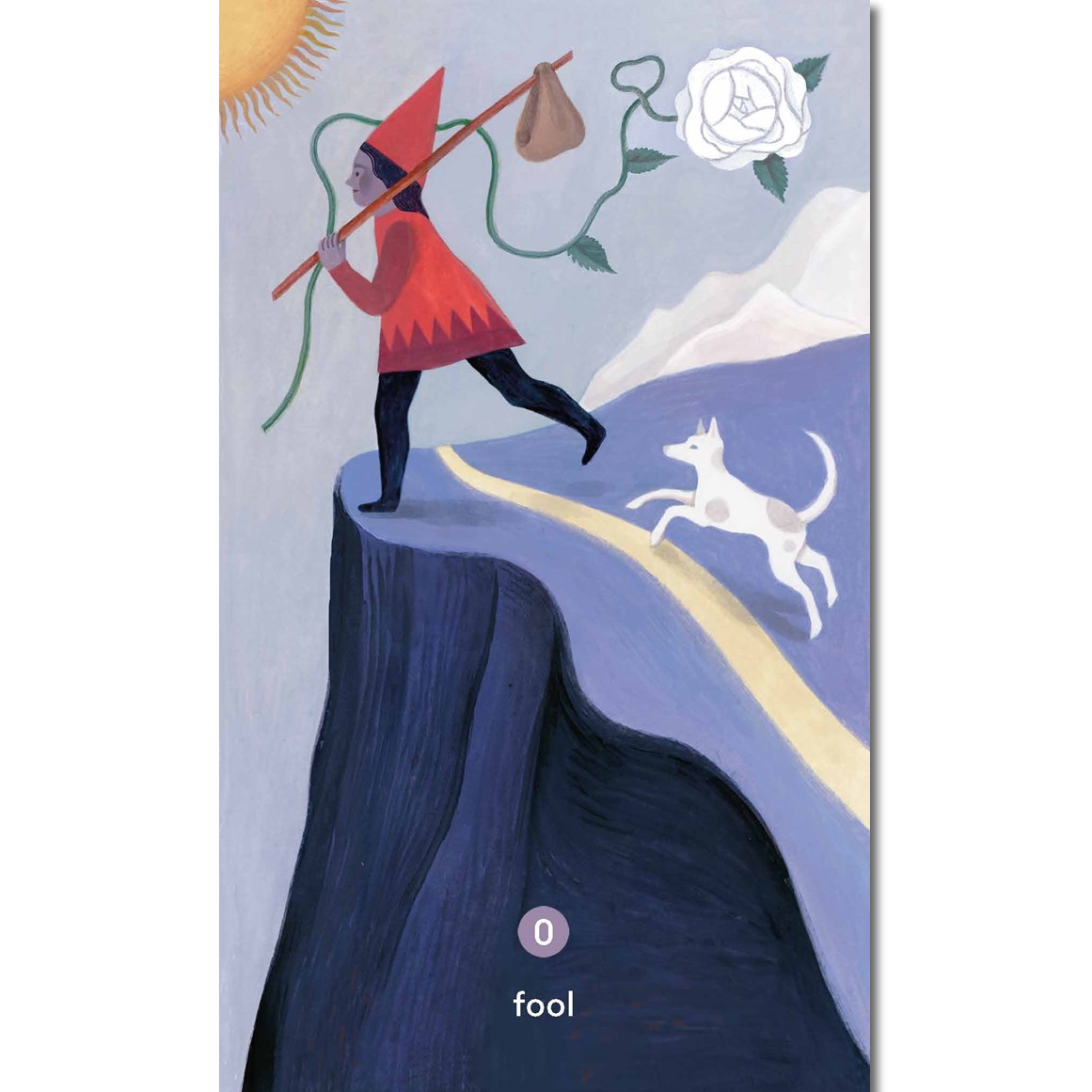 A stylized illustration labeled 'fool' showing a figure in a red hood carrying a staff with a rose and a dog on a blue path, with a sun and clouds in the background.