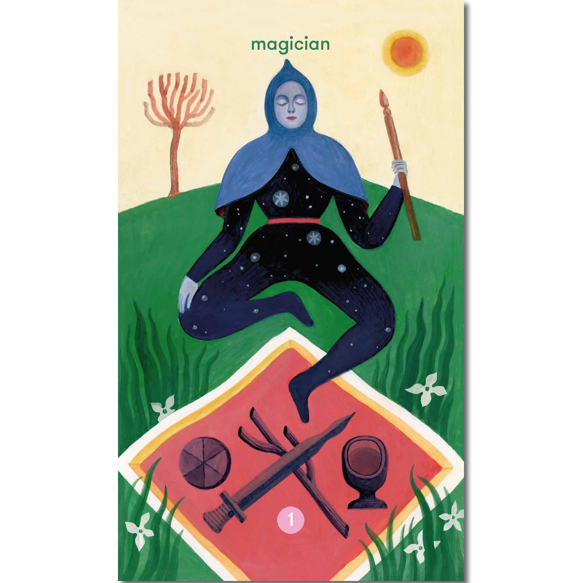 A stylized tarot card illustration labeled 'magician' showing a blue-robed figure kneeling on green grass over a pink and orange card with a sword and wand, on a cream background with a yellow sun.