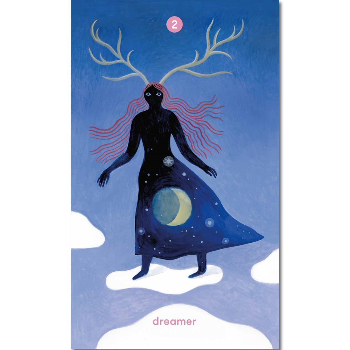 A vertical tarot card illustration titled 'dreamer' showing a dark blue figure with antler-like hair and a flowing dress filled with stars and a crescent moon, set against a blue sky with clouds.