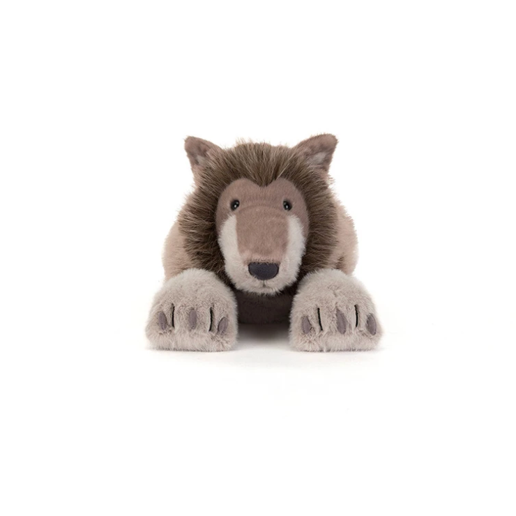 A plush stuffed animal of a brown and gray wolf with a white snout, sitting on a plain white background.