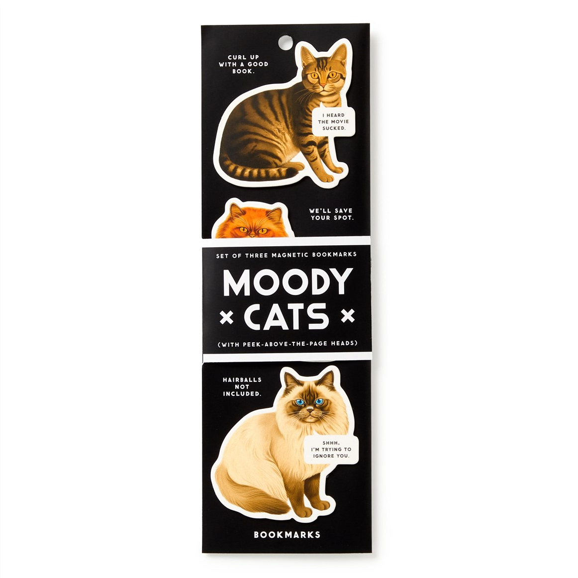 A set of three 'Moody Cats' magnetic bookmarks on a black backing card, featuring die-cut illustrations of an orange tabby cat and a cream-colored cat with humorous text labels.