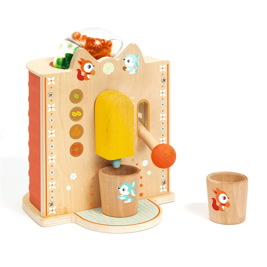 Wooden toy ice cream shop with various ice cream cones and a cup on a white background